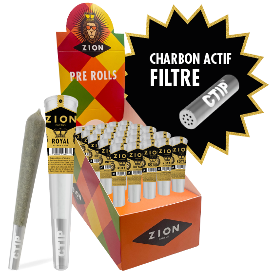 Joints pré-roulés CBD ZION Royal - Fleur + Résine + Filtre à Charbon Actif - 1 boite de 25 cones