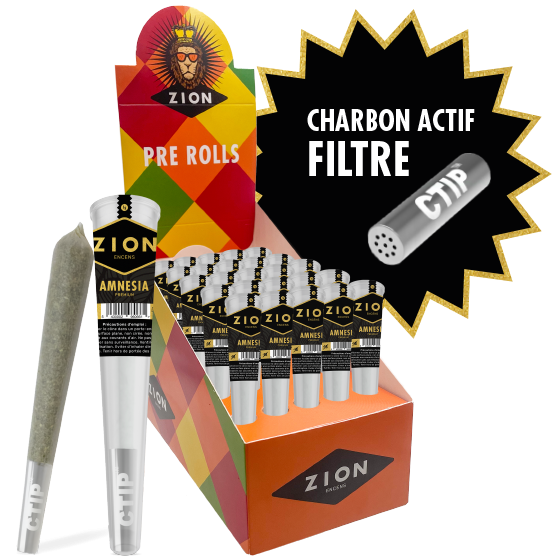 Joints pré-roulés CBD ZION Amnésia Premium - Fleur + Filtre à Charbon Actif - 1 boite de 25 cones